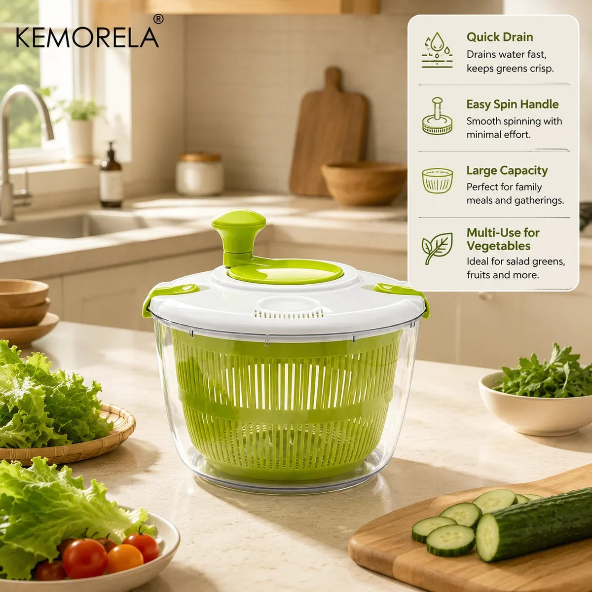 KEMORELA Salad Spinner – Lettuce Washer, Dryer & Drainer Salad Spinner Axl