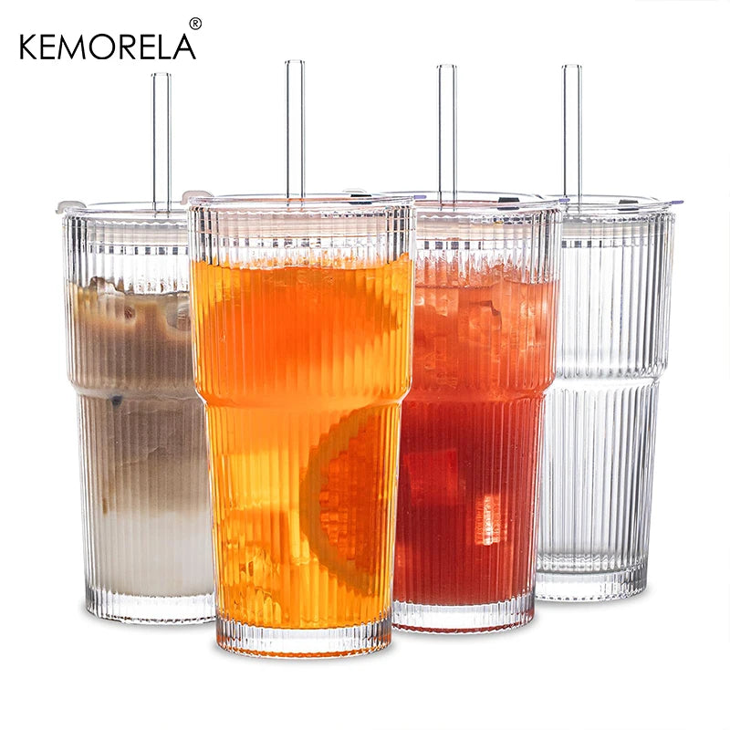 KEMORELA 590ml Ribbed Glass Tumblers with Lids & Straws 4-Pack Glass Tumbler Set Axl 4PCS 501-600ml