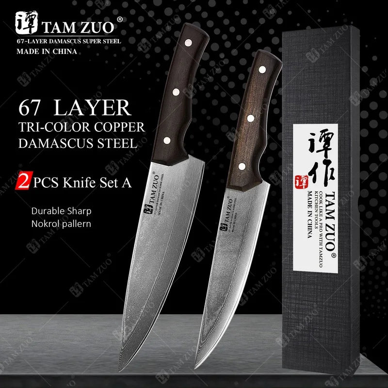 TAMZUO 67-Layer Damascus Steel Chef Knife | Japanese Kitchen Knife Damascus Chef Knife Axl 2PCS A