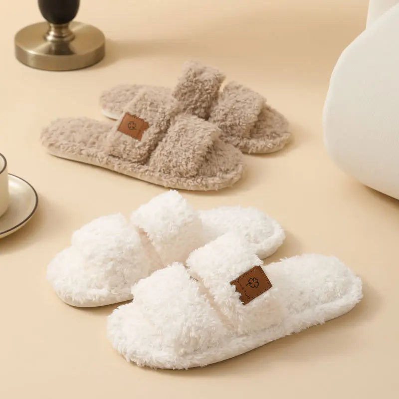 Women's Fluffy Open Toe Slippers – Plush Non-Slip Indoor Slides Plush Indoor Slippers Axl