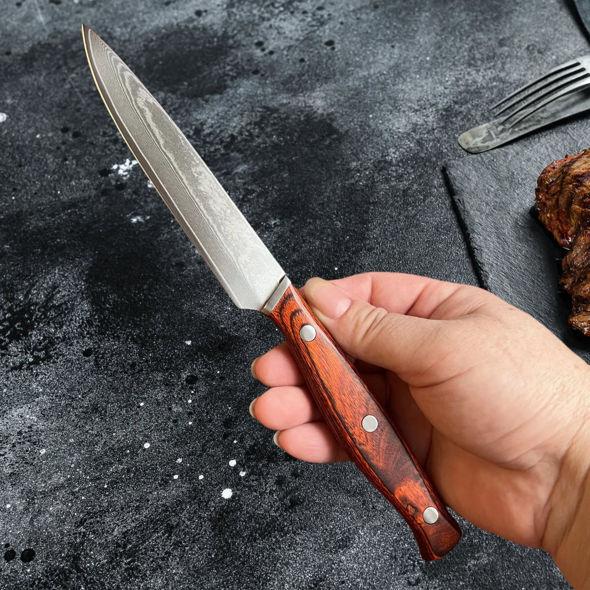 67-Layer Damascus VG10 Steak Knife – Wood Handle & Sheath Damascus Kitchen Knife Axl