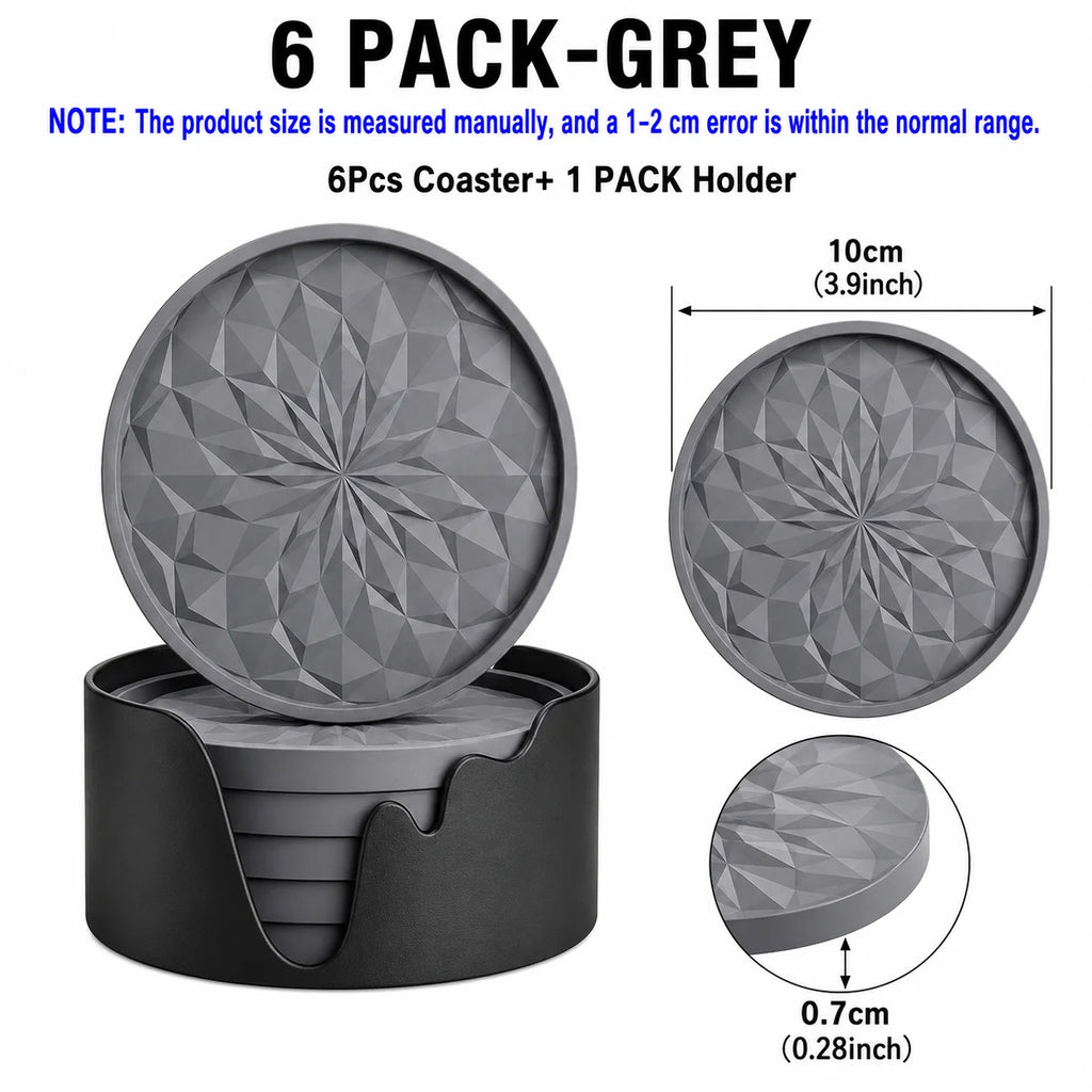 6-Piece Silicone Coasters with Holder – Non-Slip & Heat Safe Silicone Coaster Set Axl 6 PACK-Grey