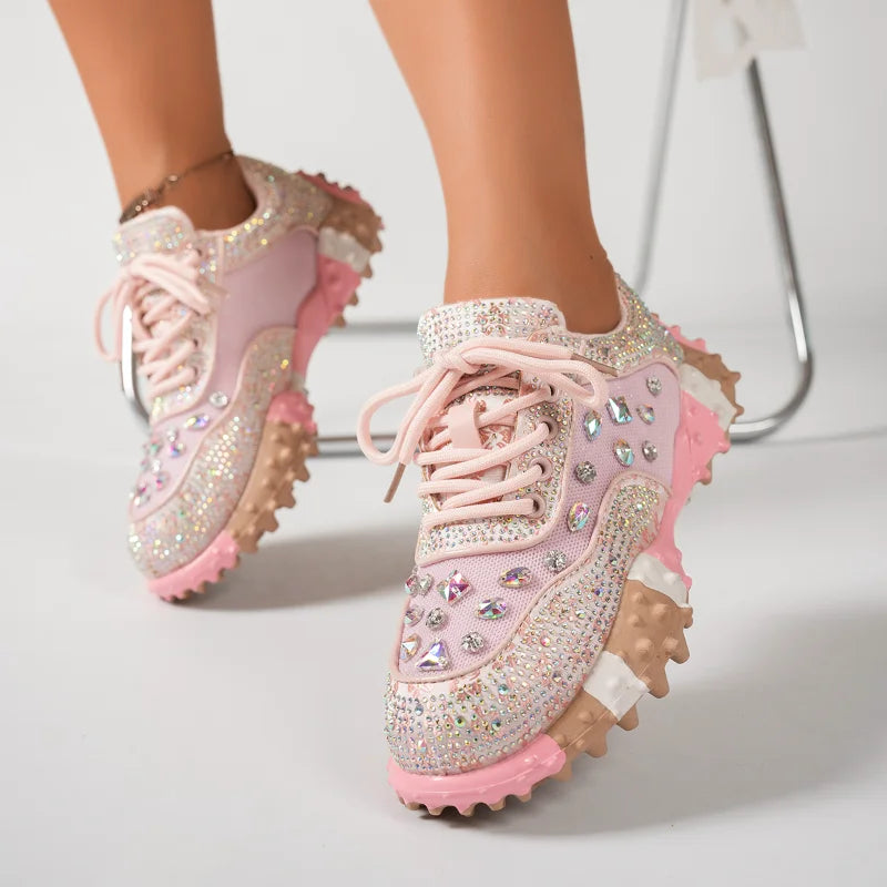 Women's Rhinestone Platform Sneakers – Shiny Lace-Up Shoes Platform Sneakers Axl