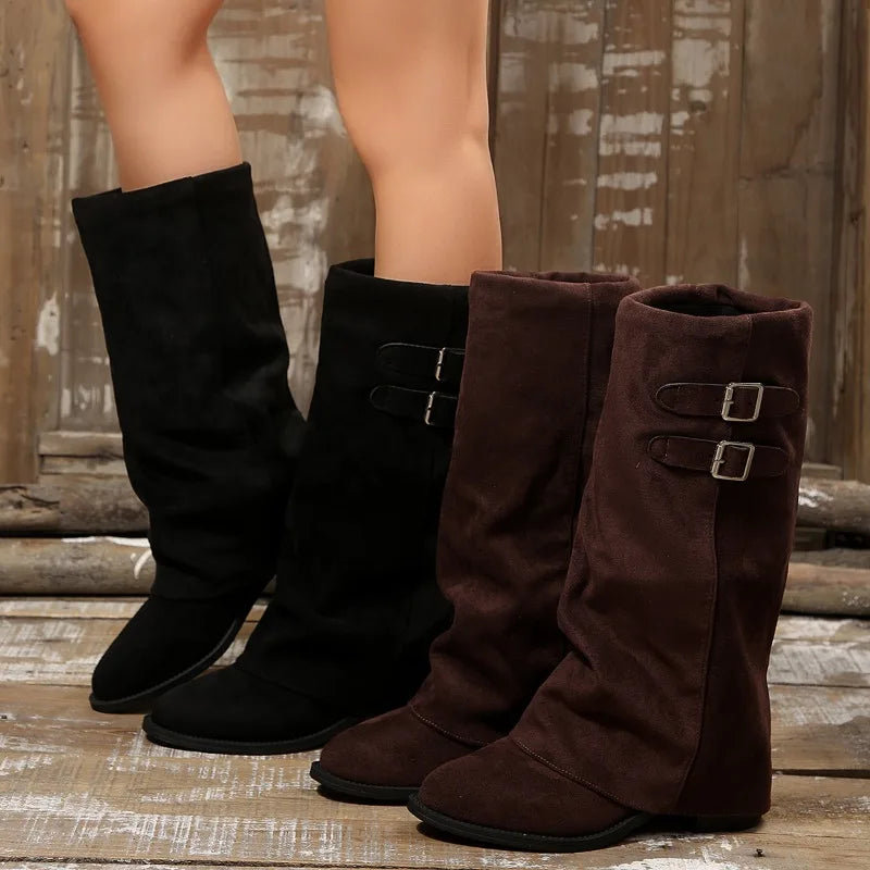 Retro Flannel Knee-High Boots – Buckle Flat Women's Boots Knee-High Boots Axl
