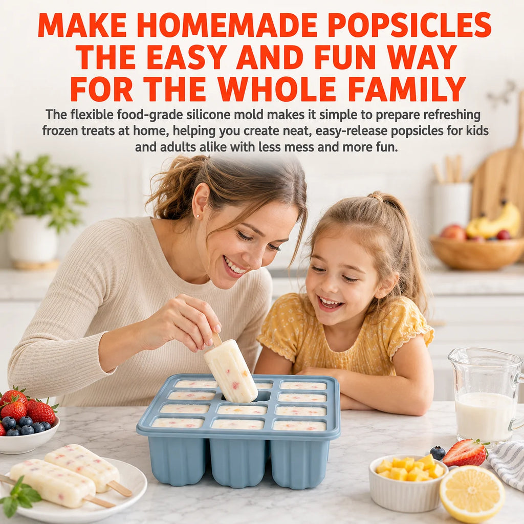 12-Cavity Silicone Popsicle Molds Set with 50 Sticks | Ice Pop Maker Ice Pop Mold Set Axl