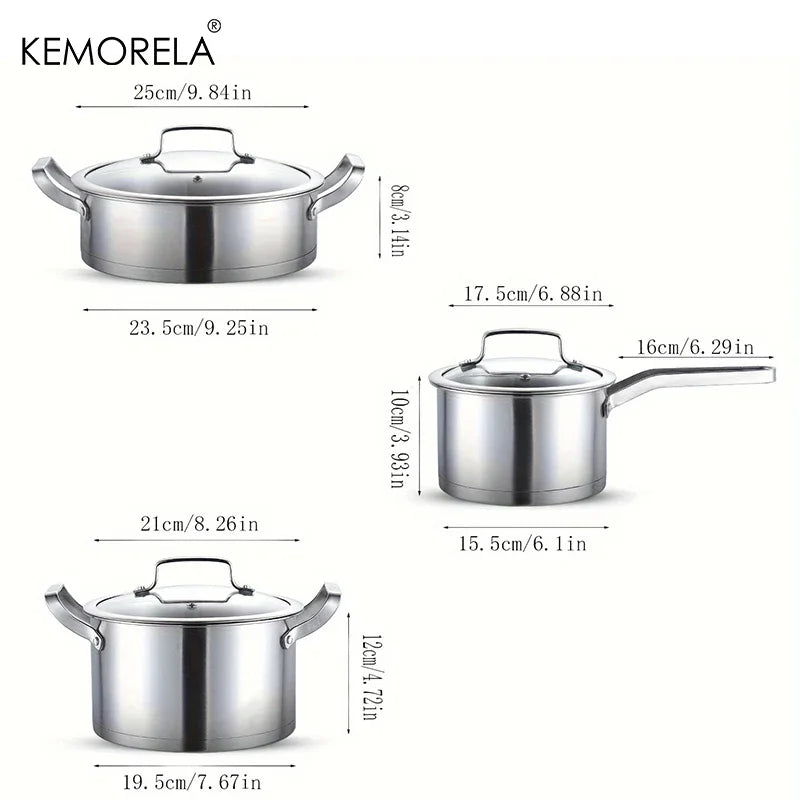 KEMORELA Stainless Steel Pot Set 16/20/24cm – Soup & Steamer Stainless Steel Pot Set Axl