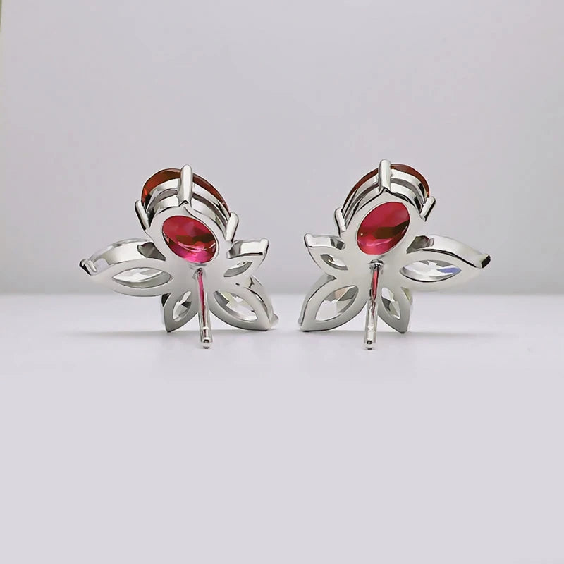 Huitan Red CZ Flower Stud Earrings – Silver-Tone Women's Jewelry CZ Stud Earrings Axl