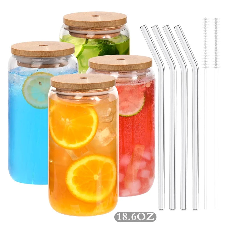 Can Shaped Glass Cups 540ml – Bamboo Lids & Glass Straws Glass Drinkware Set Axl 550ML 4PCS 401-600ml