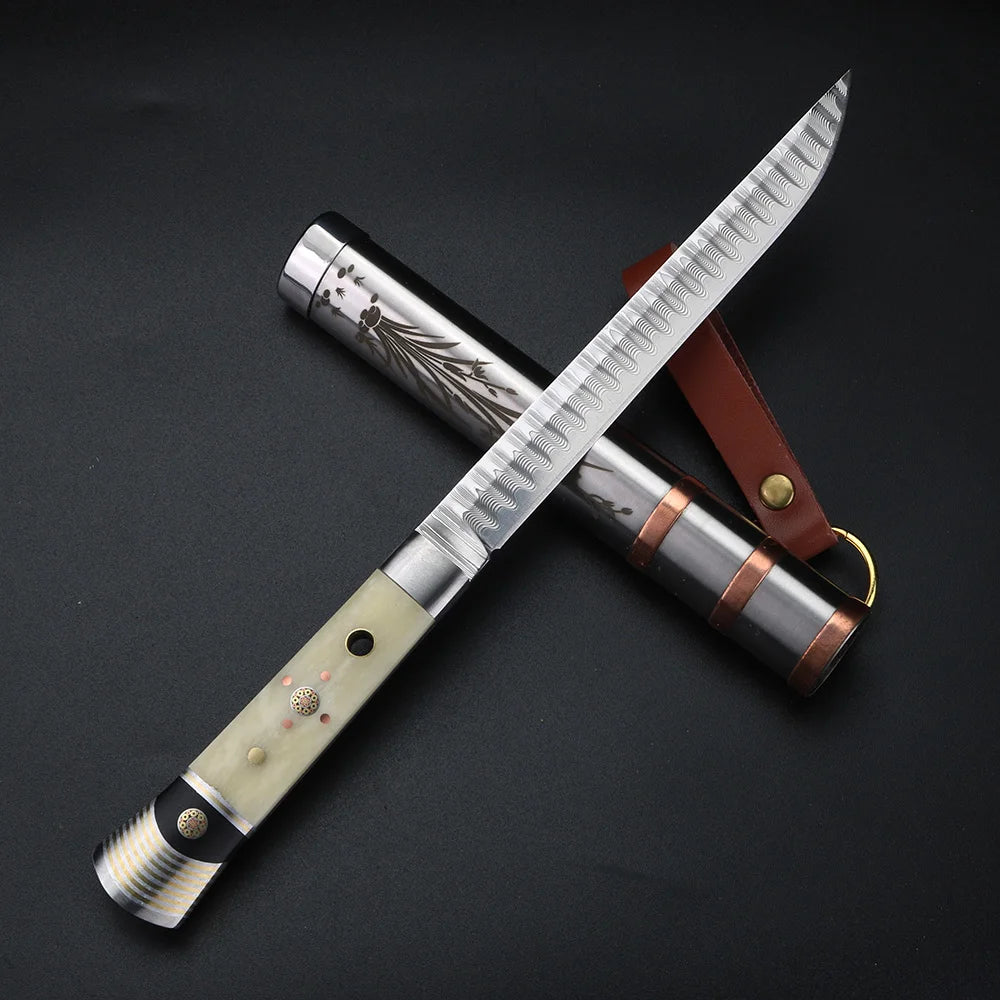XUAN FENG Damascus Steel Fruit Knife – Wooden Handle & Sheath Damascus Kitchen Knife Axl