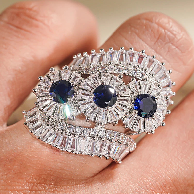 Huitan Blue White Cubic Zirconia Women's Wedding Band Ring CZ Wedding Ring Axl