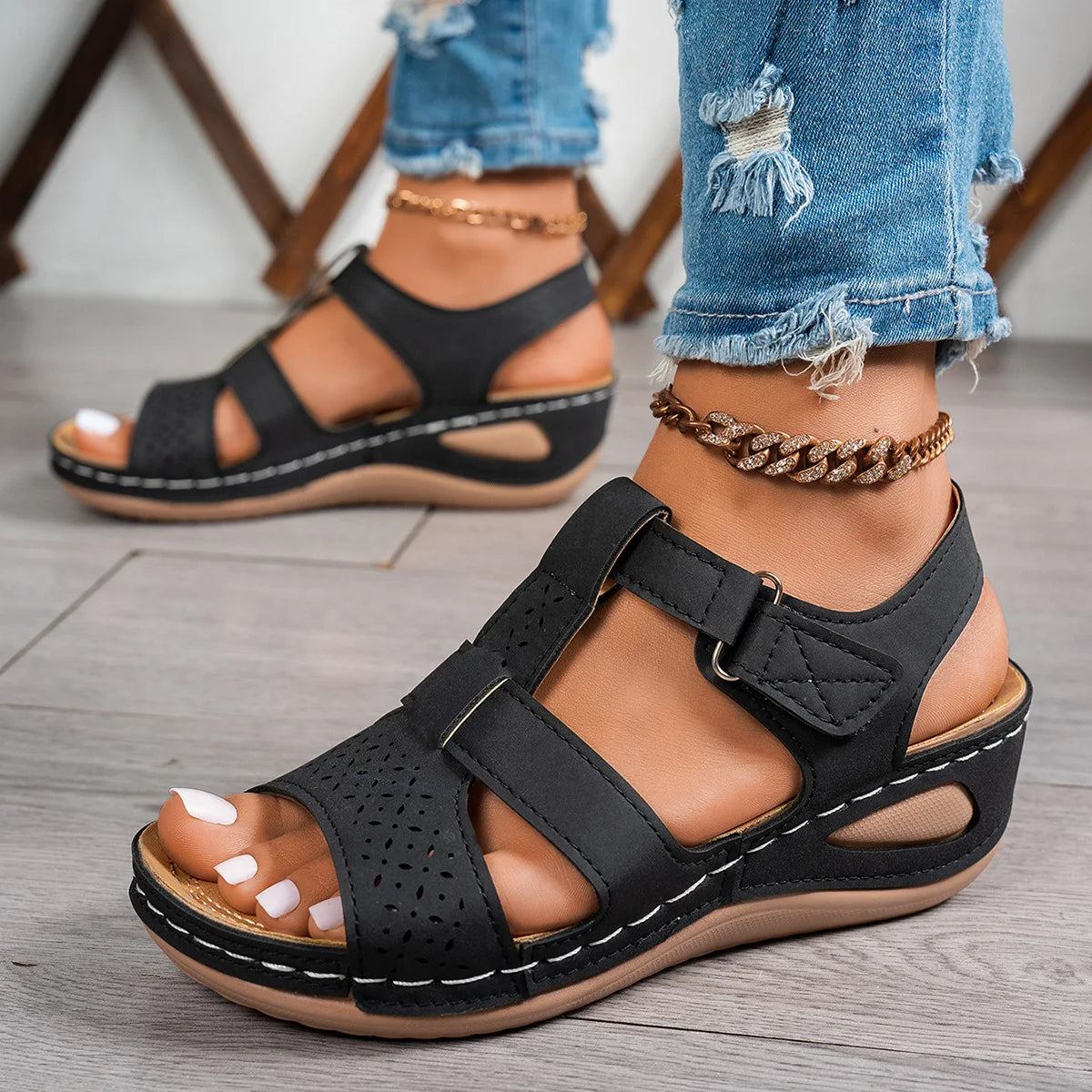 YBQJOO Women's Wedge Sandals – Thick Sole Cross-Strap, US 5–14 Wedge Sandals Axl 42 black