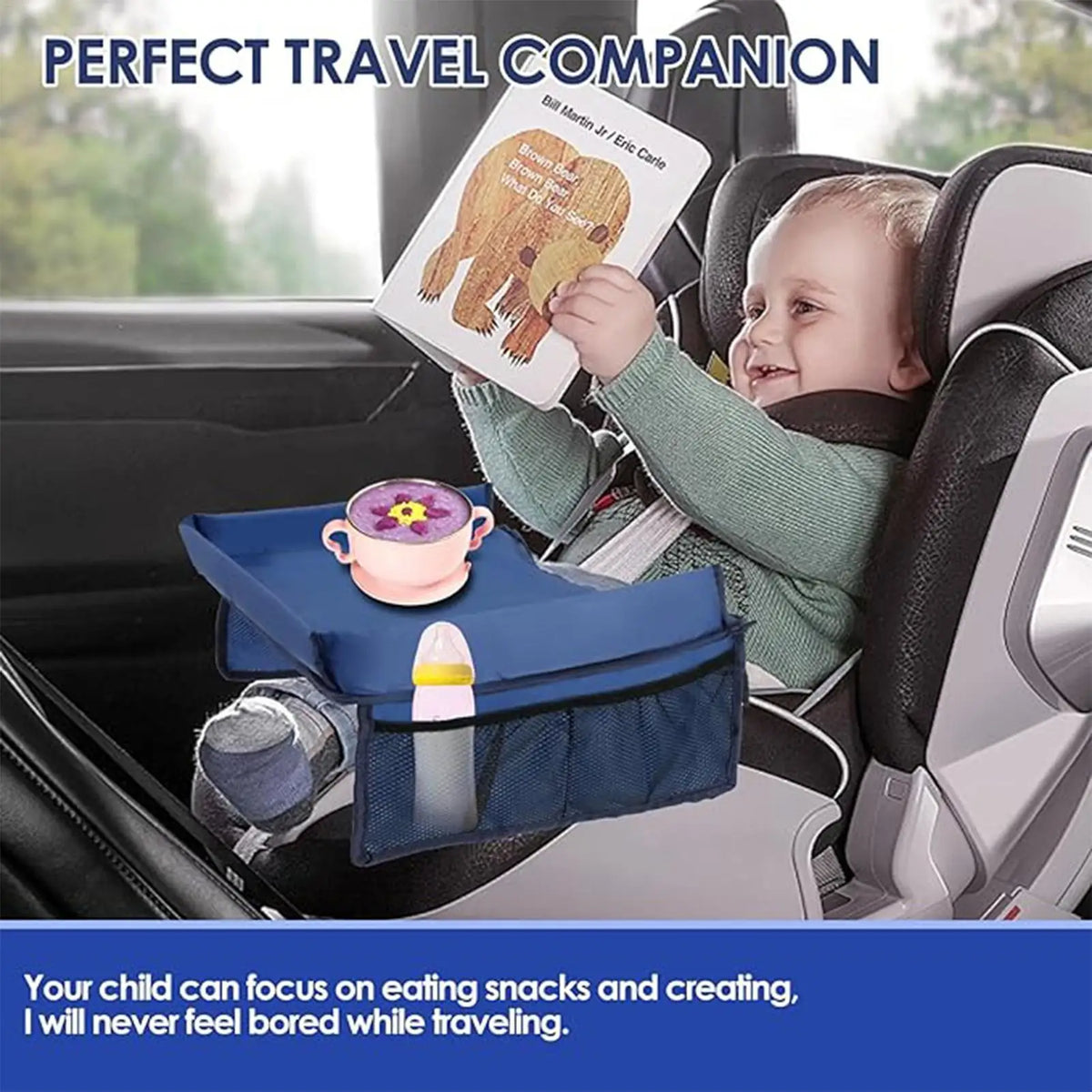 Kids Foldable Car Seat Tray – Travel Table with Pockets Kids Travel Tray Axl