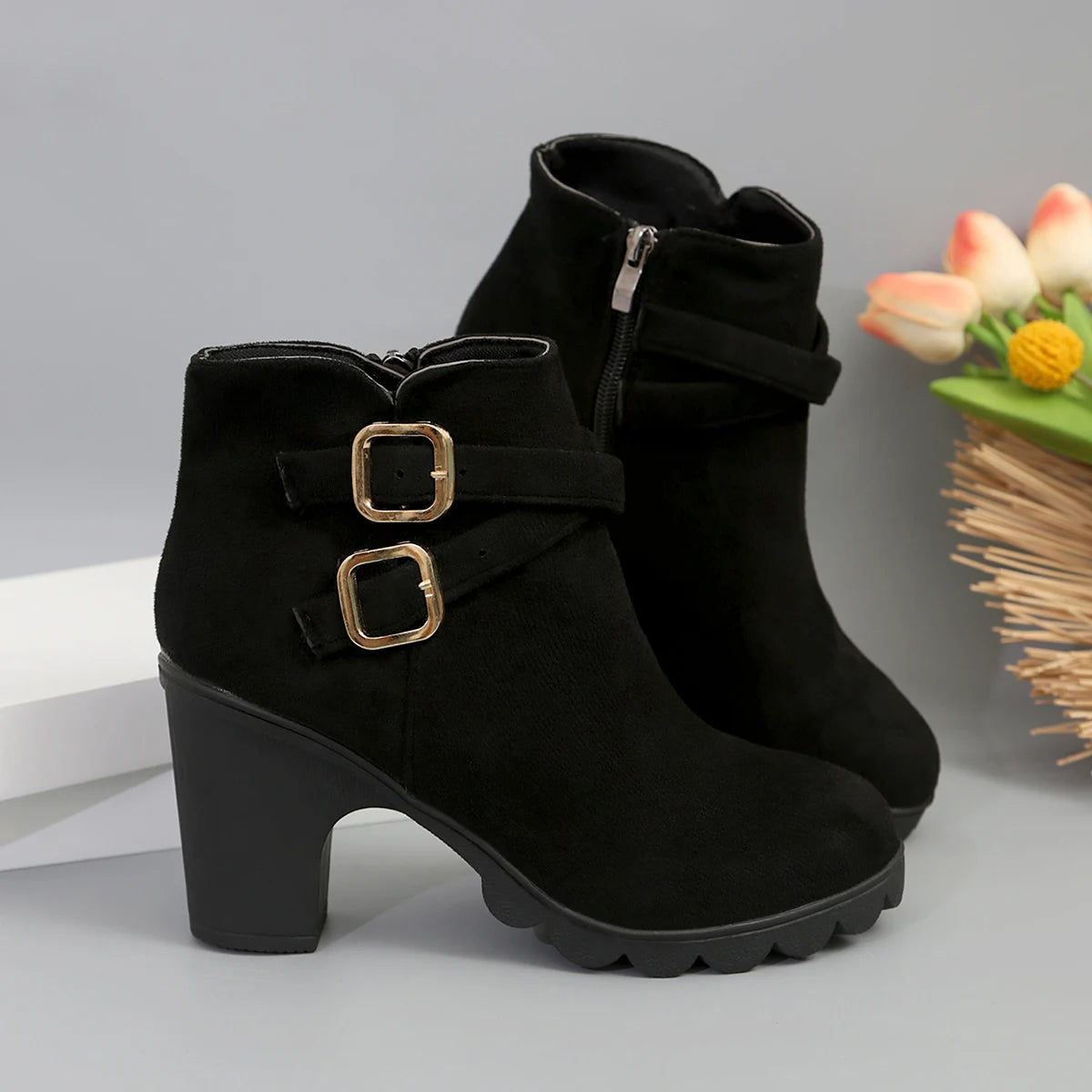 Women's Square Heel Ankle Boots – Faux Suede Winter Fashion Women's Ankle Boots Axl