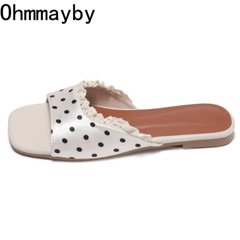 Women's Lace Open Toe Flat Slides | Beach Vacation Slippers Flat Slide Sandals Axl