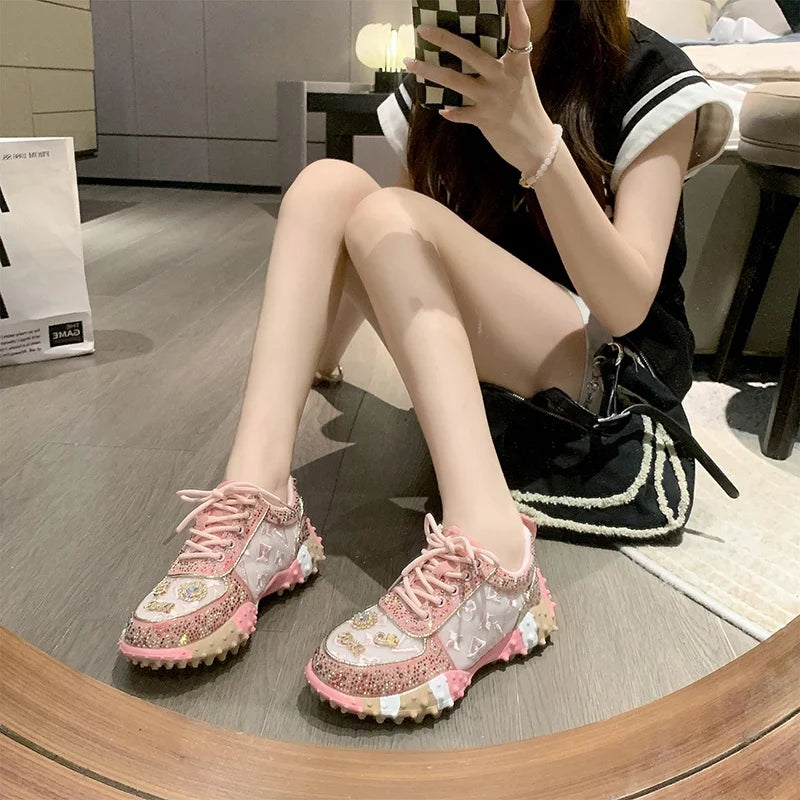 Women's Rhinestone Sneakers – Thick Sole Lace-Up Walking Shoes Women's Sneakers Axl