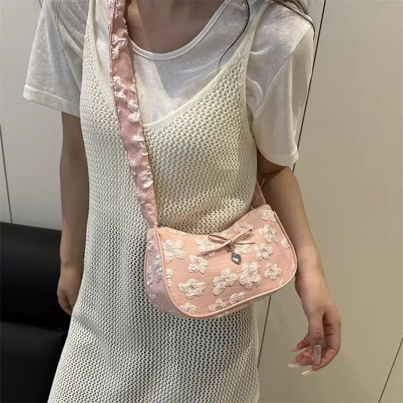 Bow Floral Pleated Crescent Crossbody Bag | Women's Handbag Crossbody Shoulder Bag Axl