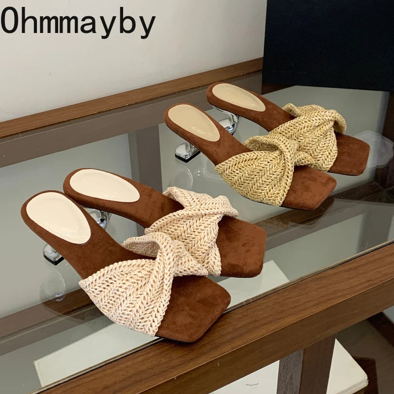 Vintage Weave Square Toe Wedge Slide Mule Women's Slippers Wedge Slide Mules Axl