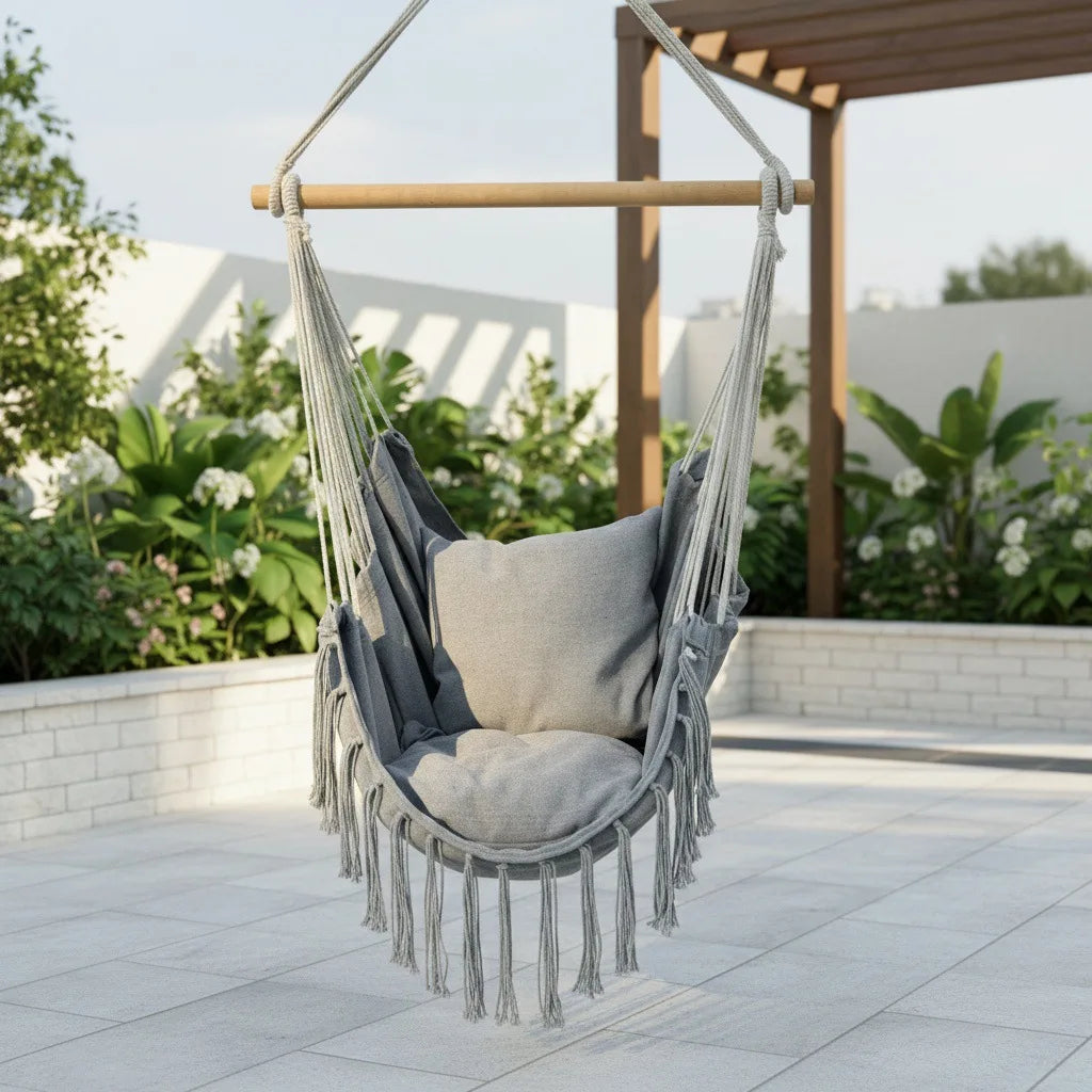 Macrame Hanging Chair with 2 Pillows | 500lb Cotton Rope Swing Hammock Swing Chair Axl GRAY