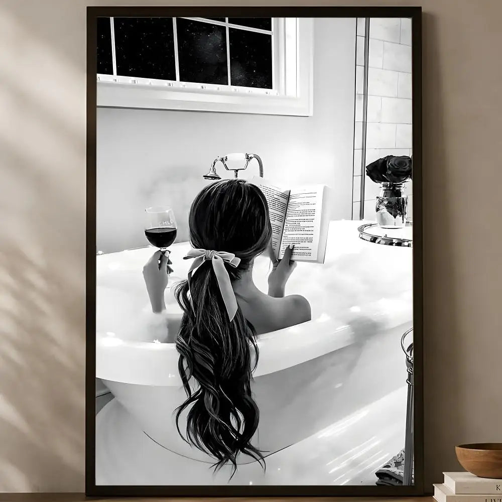 Woman Drinking Wine in Bathtub Poster – HD Self-Stick Wall Art Wall Art Poster Axl White06 30X40cmNoframe
