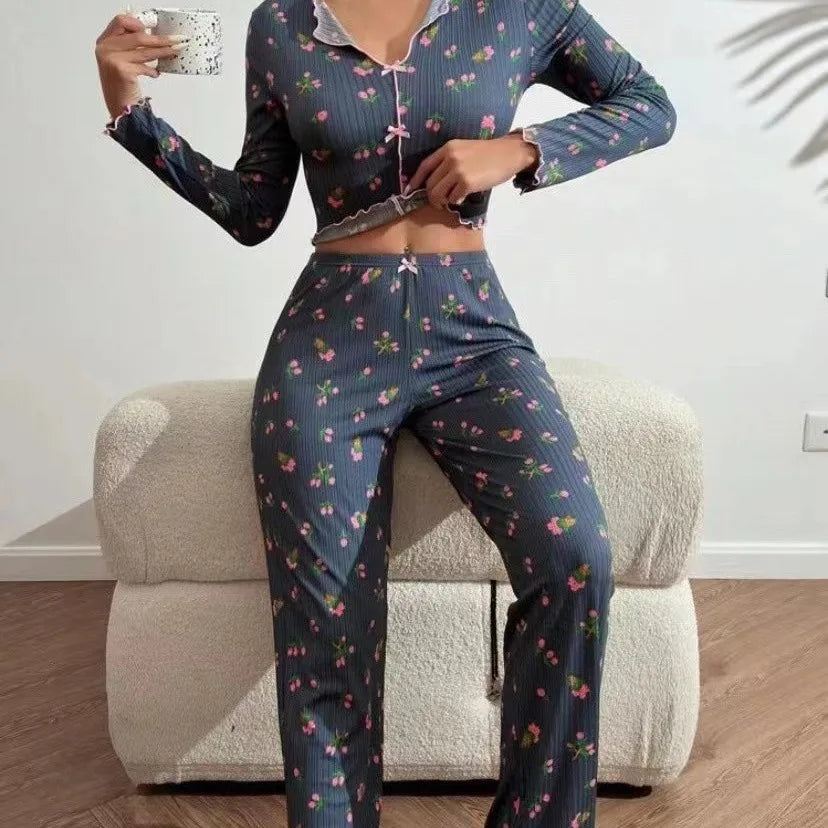Women's Floral Pajama Set – Lettuce Trim Top & Ankle Pants Pajama Set Axl navy blue S