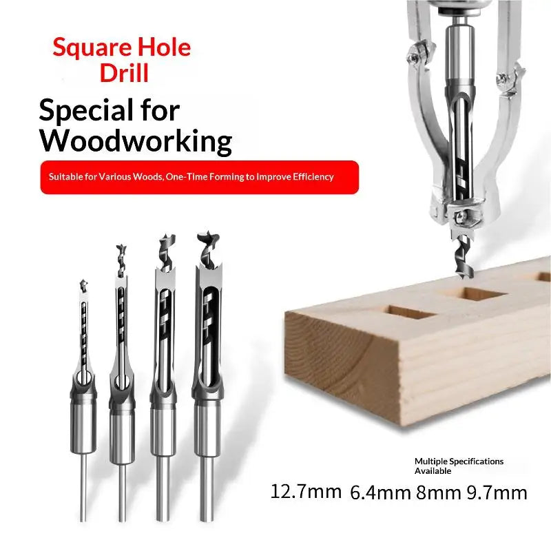 Square Hole Drill Bits Mortising Chisel Adapter | 4 Sizes Mortising Drill Bit Set Axl