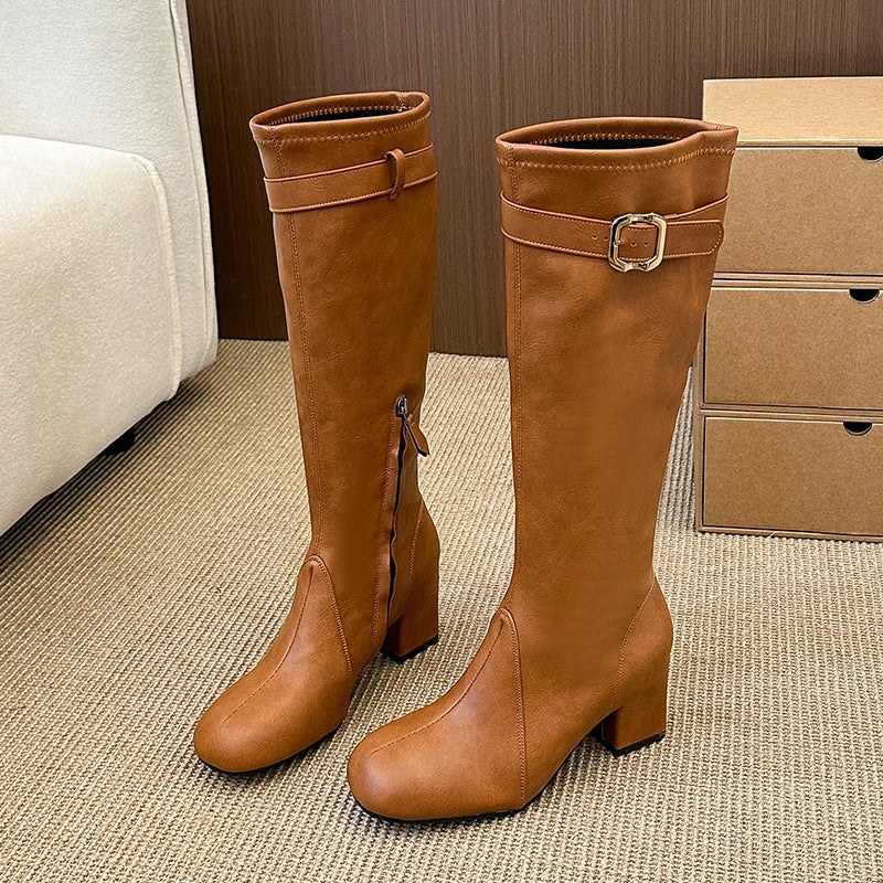 Women's Knee-High Boots | Square Heel Round Toe Buckle Knee-High Boots Axl