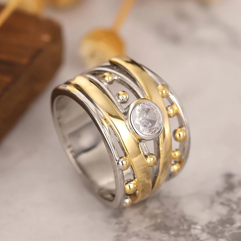 Huitan Two-Tone Cubic Zirconia Ring – Women's Fashion Band Fashion Ring Axl
