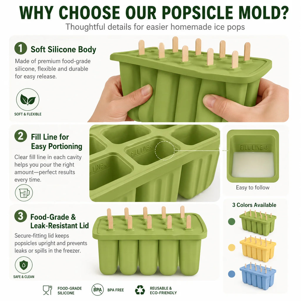 10-Cavity BPA Free Silicone Popsicle Mold with 50 Wooden Sticks Ice Pop Mold Axl
