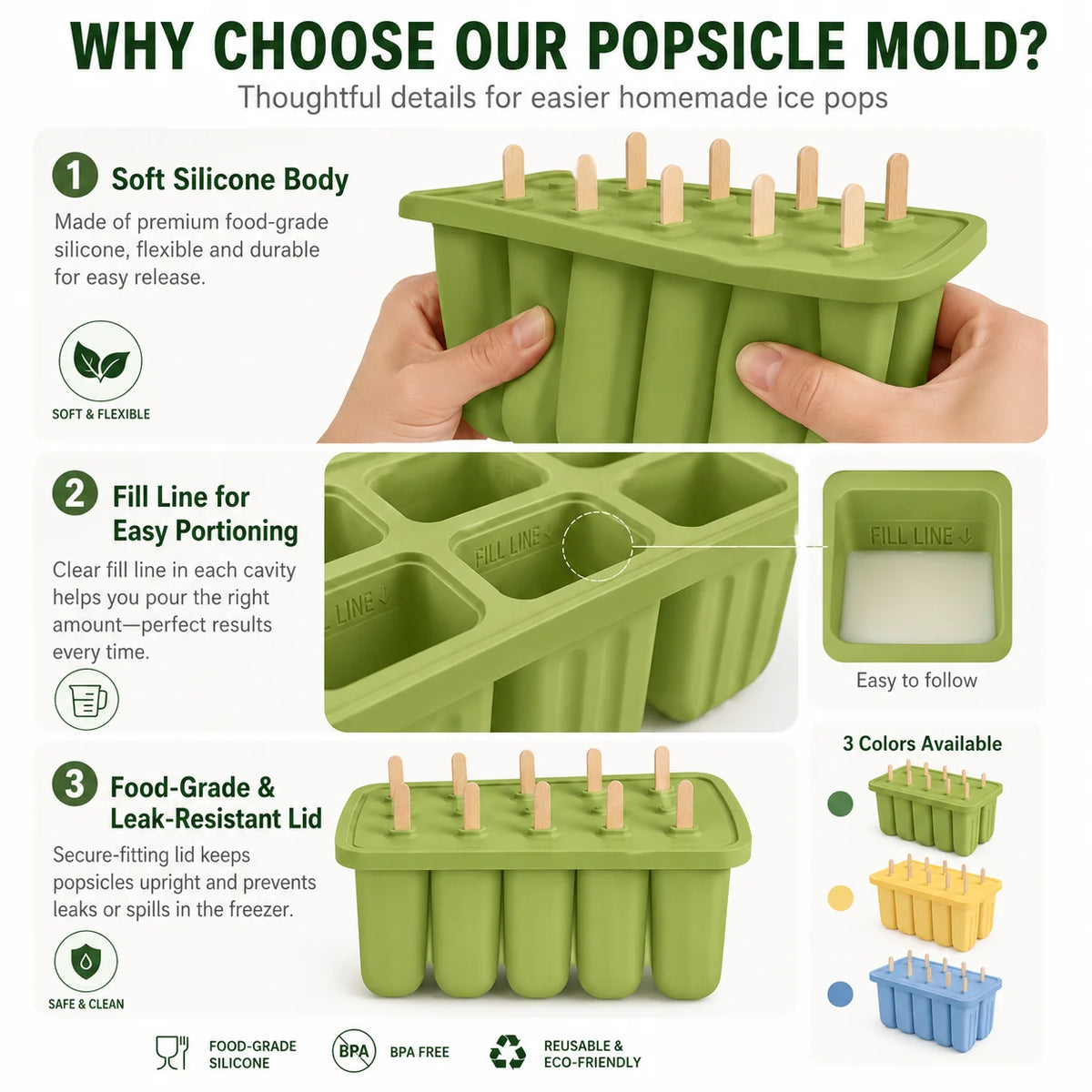 10-Cavity BPA Free Silicone Popsicle Mold with 50 Wooden Sticks Ice Pop Mold Axl