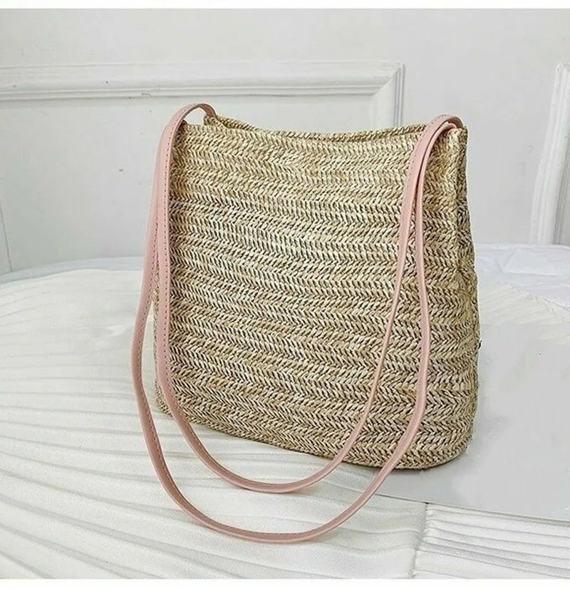 Women's Straw Rattan Woven Beach Bag – Boho Shoulder Tote Woven Straw Handbag Axl