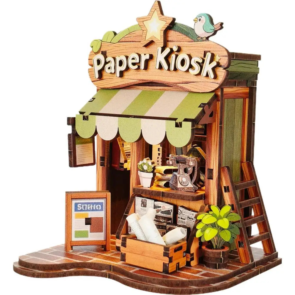 3D Wooden Miniature House Kit with LED Light – DIY Dollhouse Miniature Model Kit Axl Paper Kiosk