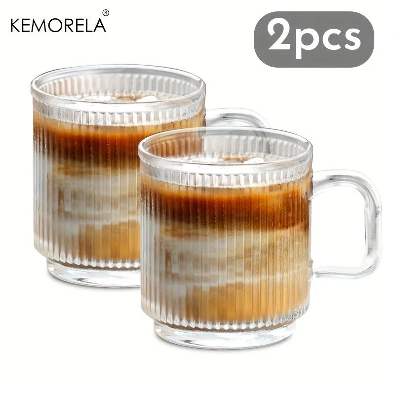 KEMORELA 350ml Vertical Grain Glass Coffee Cup with Handle Glass Coffee Cup Axl 2PCS 301-400ml