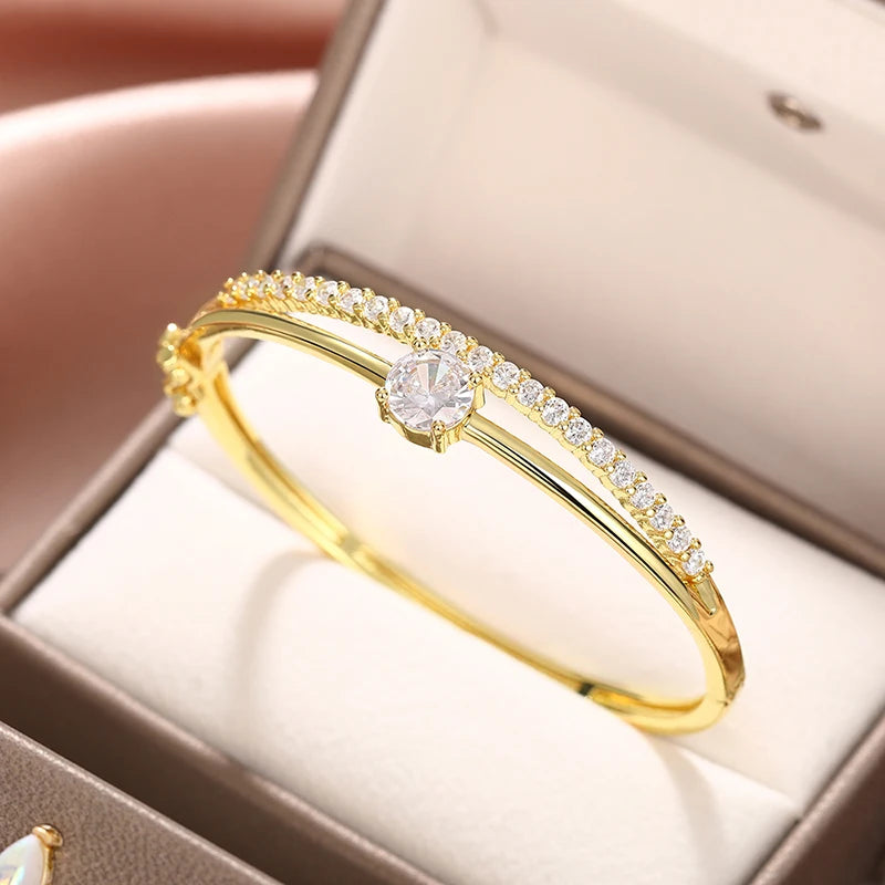 Huitan Cubic Zirconia Bangle Bracelet – Silver & Gold Women Bangle Bracelet Axl