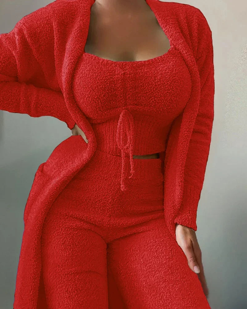 Women's Fluffy Winter Pajama Set 3-Piece Plus Size S–3XL Women's Pajama Set Axl red(Long pants) XXXL