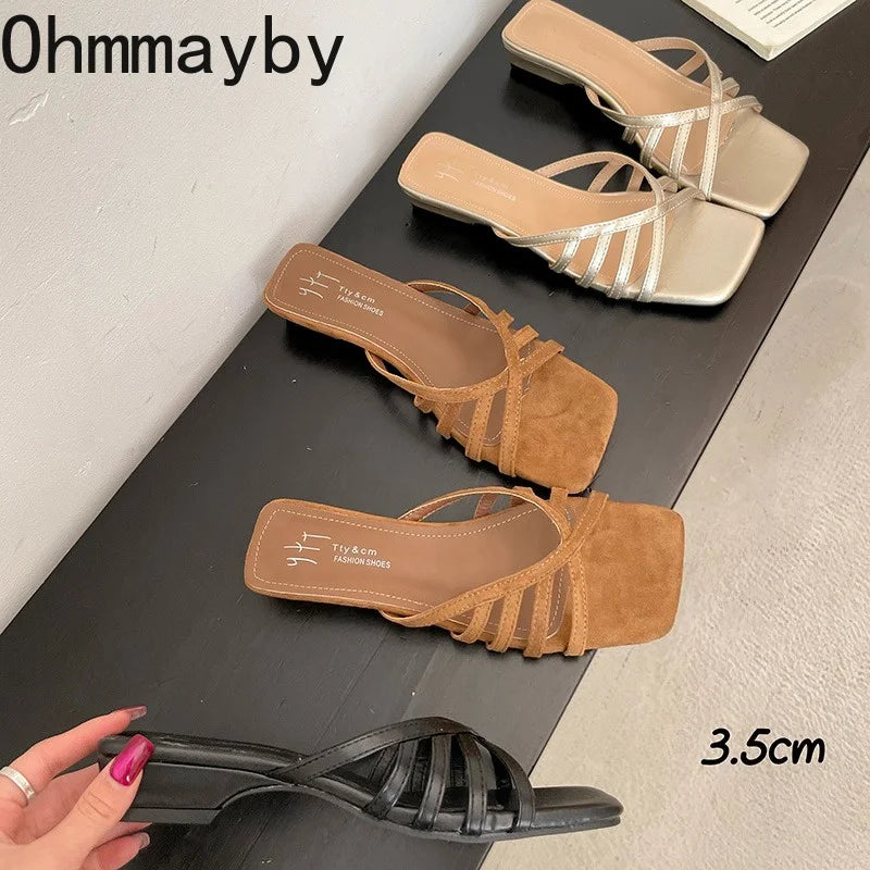 Women's Square Toe Cross Strap Heeled Slides | Summer Sandals Heeled Slide Sandals Axl