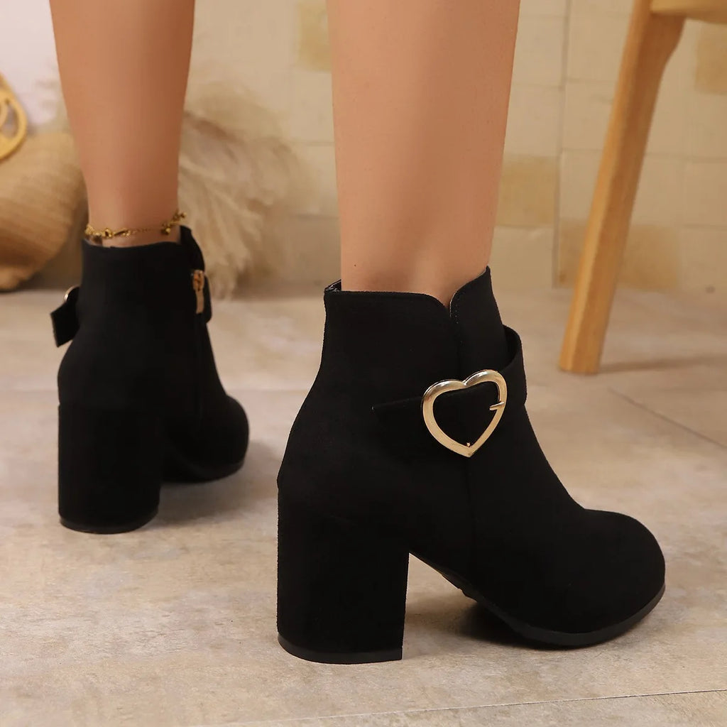 Women's Faux Suede Ankle Boots – Metal Buckle Square Heel Women's Ankle Boots Axl
