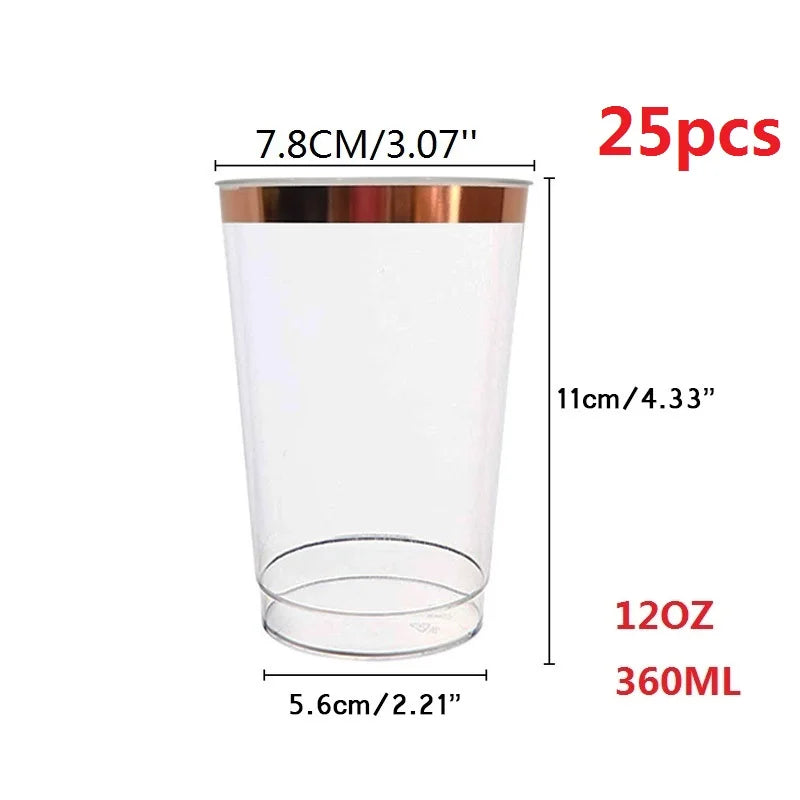 Gold Rim Disposable Plastic Cups 25/50 Pack – Party & Wedding Disposable Party Cups Axl 25 Rose 12OZ