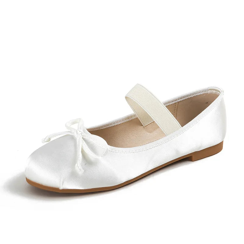 Women's Silk Satin Bow Mary Jane Ballet Flats – Plus Size Mary Jane Flats Axl Beige 34