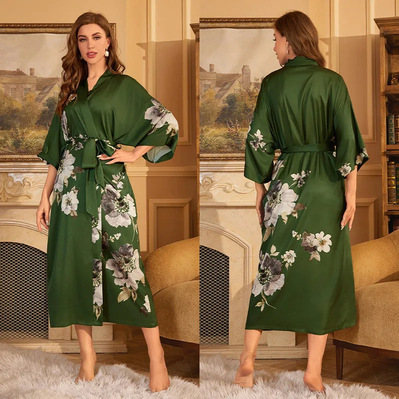 Women's Floral Satin Kimono Robe – Lace-Up Silk Bathrobe Satin Kimono Robe Axl 07 One Size