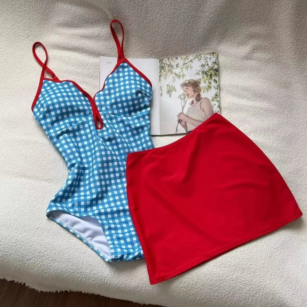 Women's Plaid Two-Piece Swimsuit Set | Scalloped Skirt Blue Women's Swimsuit Set Axl