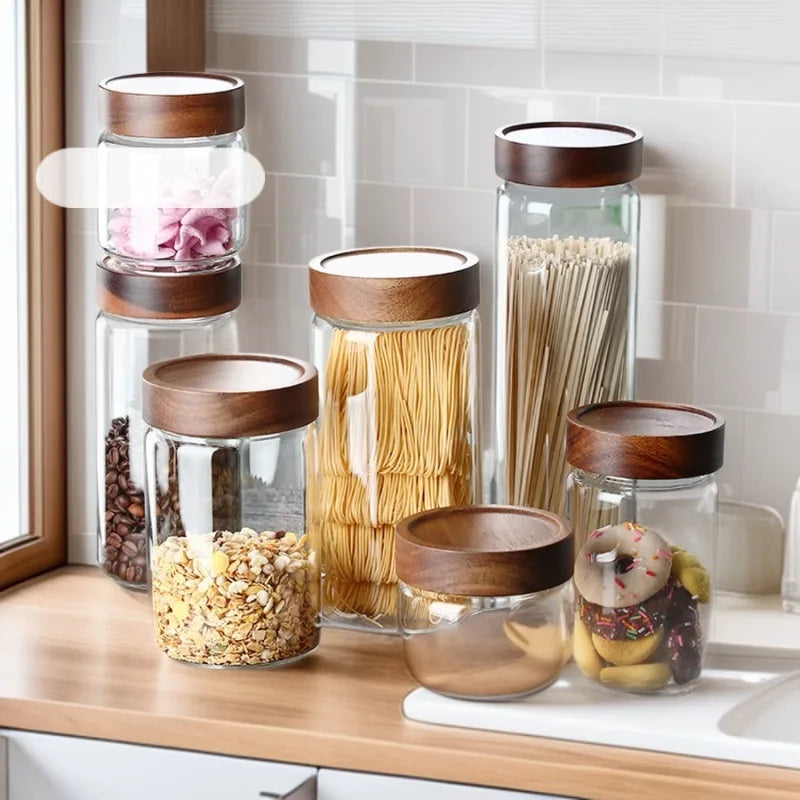 Glass Sealed Storage Jars with Wood Lid | Kitchen Organizer Glass Storage Jars Axl