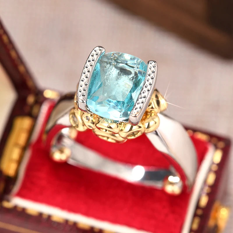 Huitan Blue CZ Two-Tone Triangular Band Ring for Women Women's Fashion Ring Axl