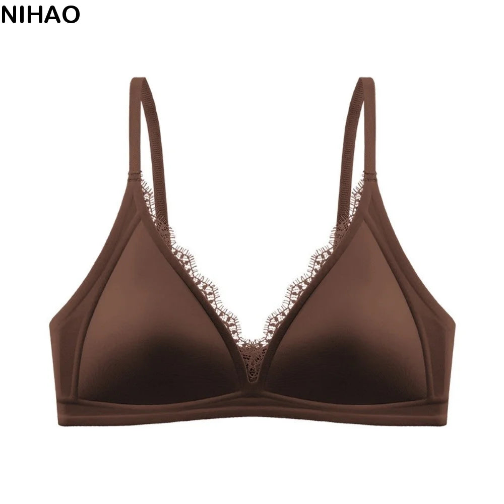 Satin Lace Wireless Push-Up Bra – V-Neck Traceless Brassiere Wireless Push-Up Bra Axl