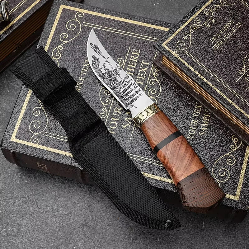 Fixed Blade Camping Knife – Engraved Stainless Steel & Wood Handle Fixed Blade Knife Axl Hunting Totem