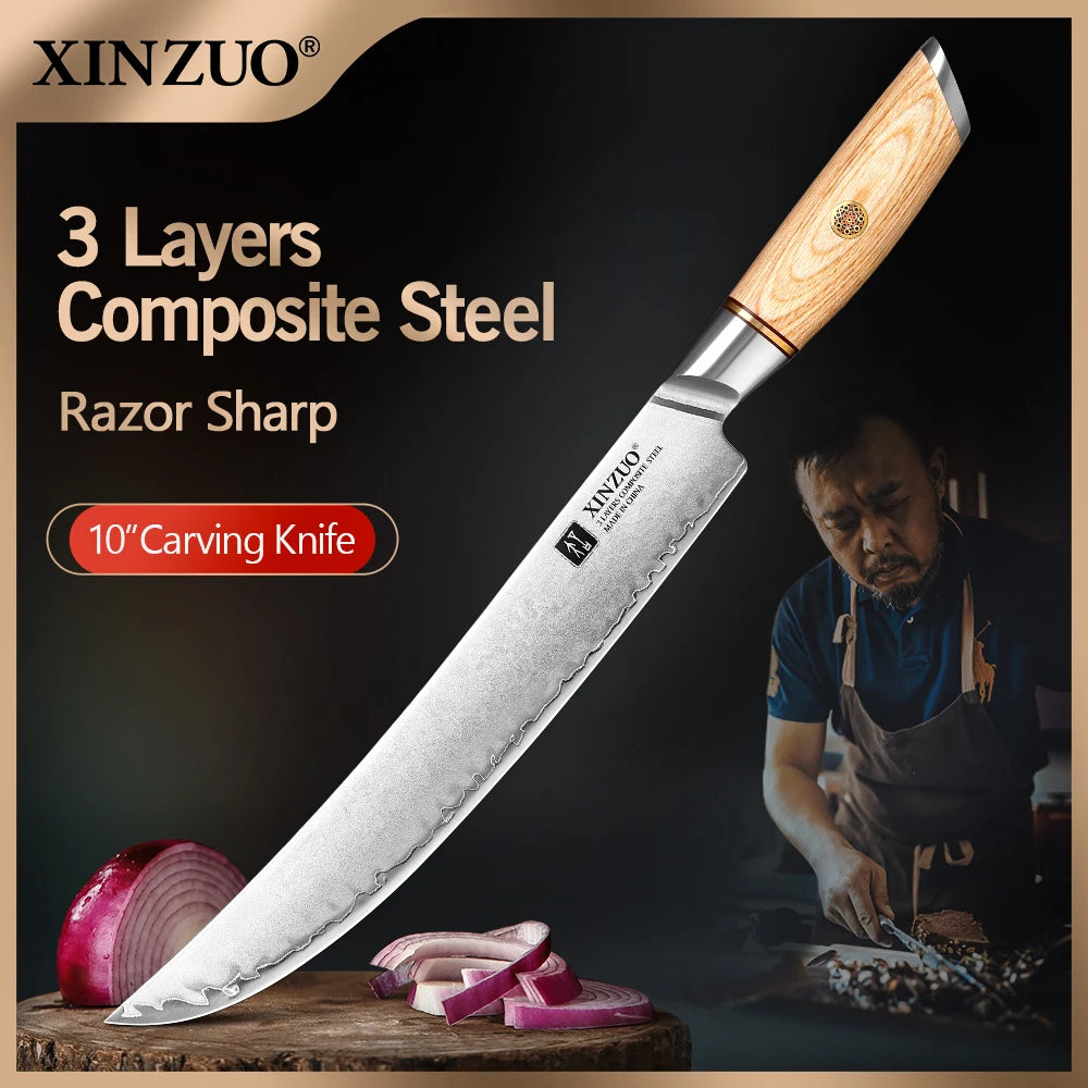 XINZUO 10-Inch Carving Knife | 10Cr15CoMoV Steel Pakkawood Carving Knife Axl 10 inch
