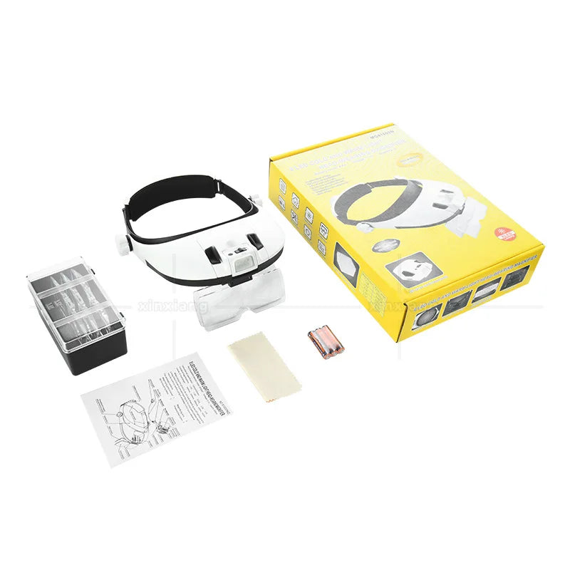 Rechargeable Head-Worn Magnifier 1X–3.5X | 8 LED Lights Headband Magnifier Axl