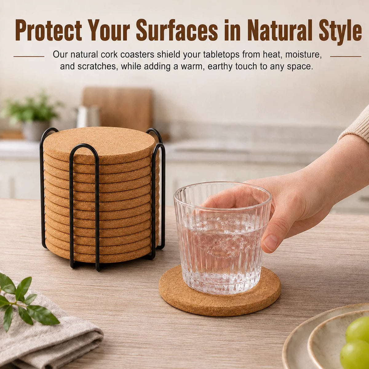 Natural Cork Coasters Set of 12 with Metal Holder | Absorbent Cork Coaster Set Axl