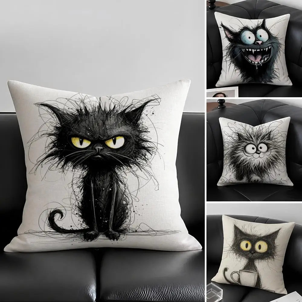 Whimsical Cat Linen Cushion Cover – Sofa, Bed & Chair Decor Decorative Cushion Cover Axl