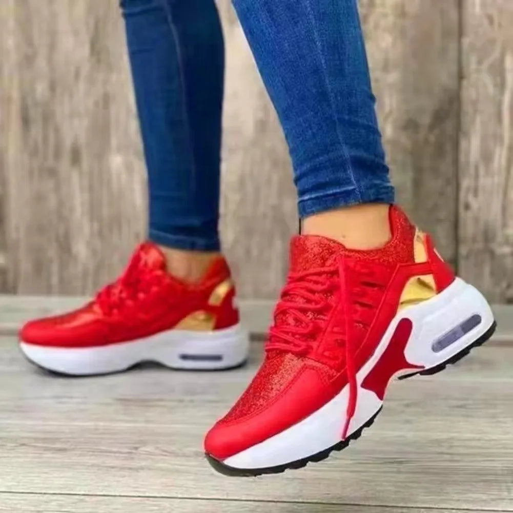 Women's Platform Mesh Sneakers – Casual Comfort Lace-Up Shoes Platform Sneakers Axl Red 36