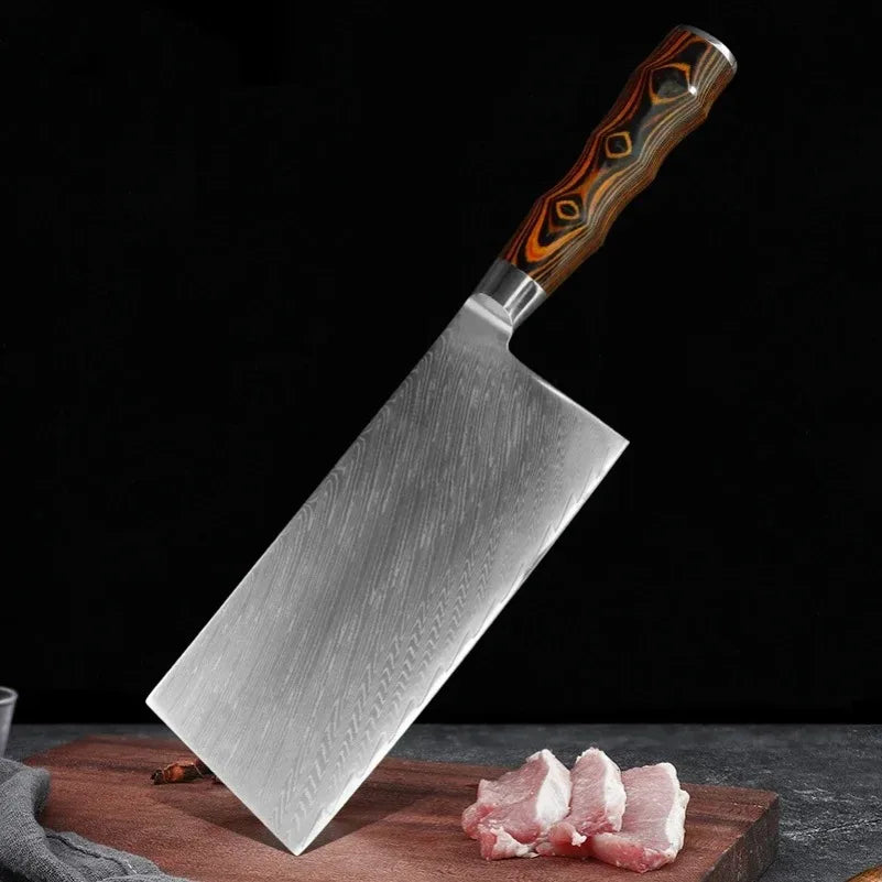 InLeung Damascus Steel Cleaver Knife – Wood Handle | 18cm Damascus Cleaver Knife Axl